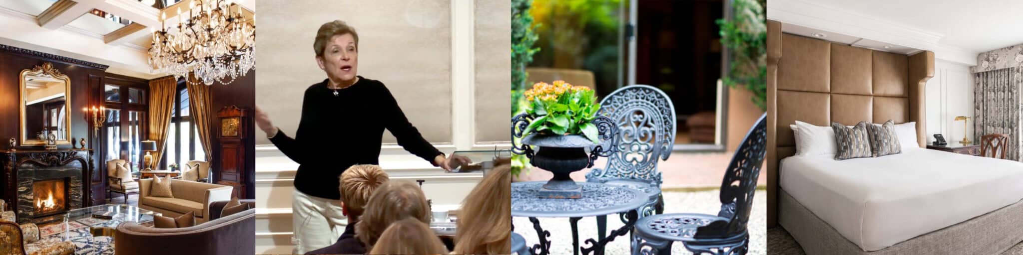 montage of images showing the interior of the wedgewood hotel and Caroline Myss speaking in a workshop setting.