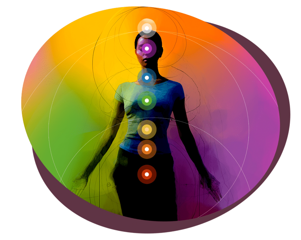 Woman doing standing meditation with chakra diagram superimposed over her.